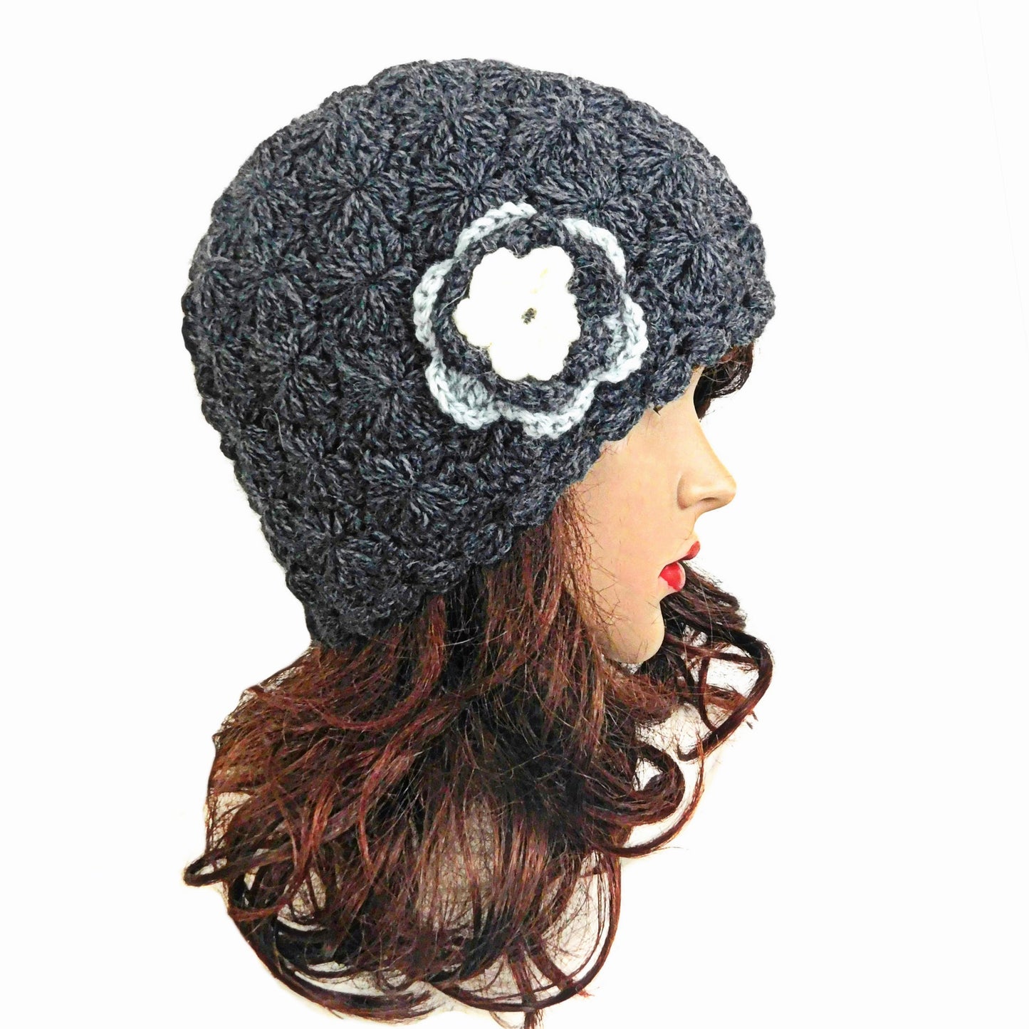 Beanie Crochet Handmade Gray Flower Hat